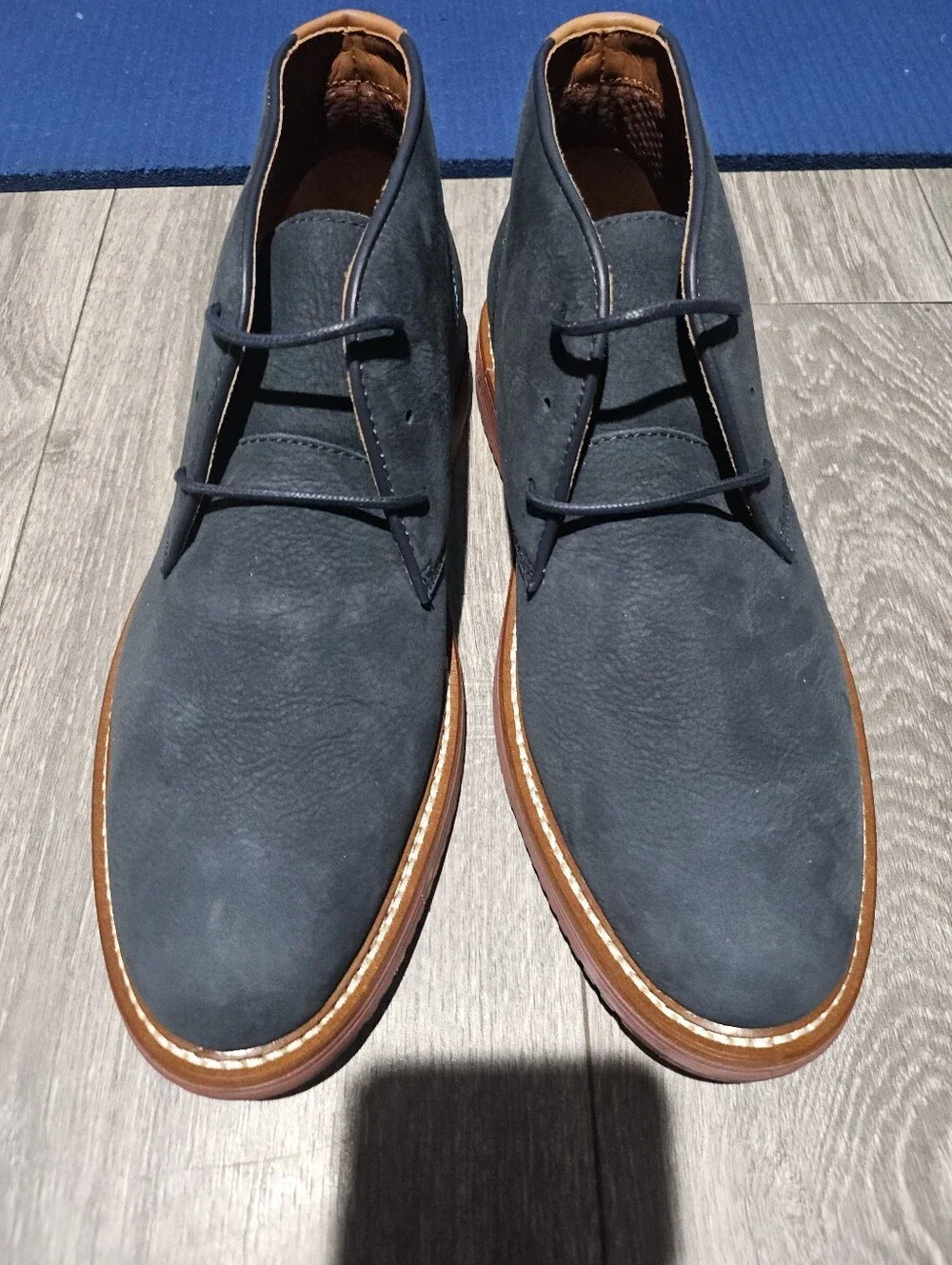 Johnston & Murphy Navy Suede Chukka Boots with Brown Contrast Sole